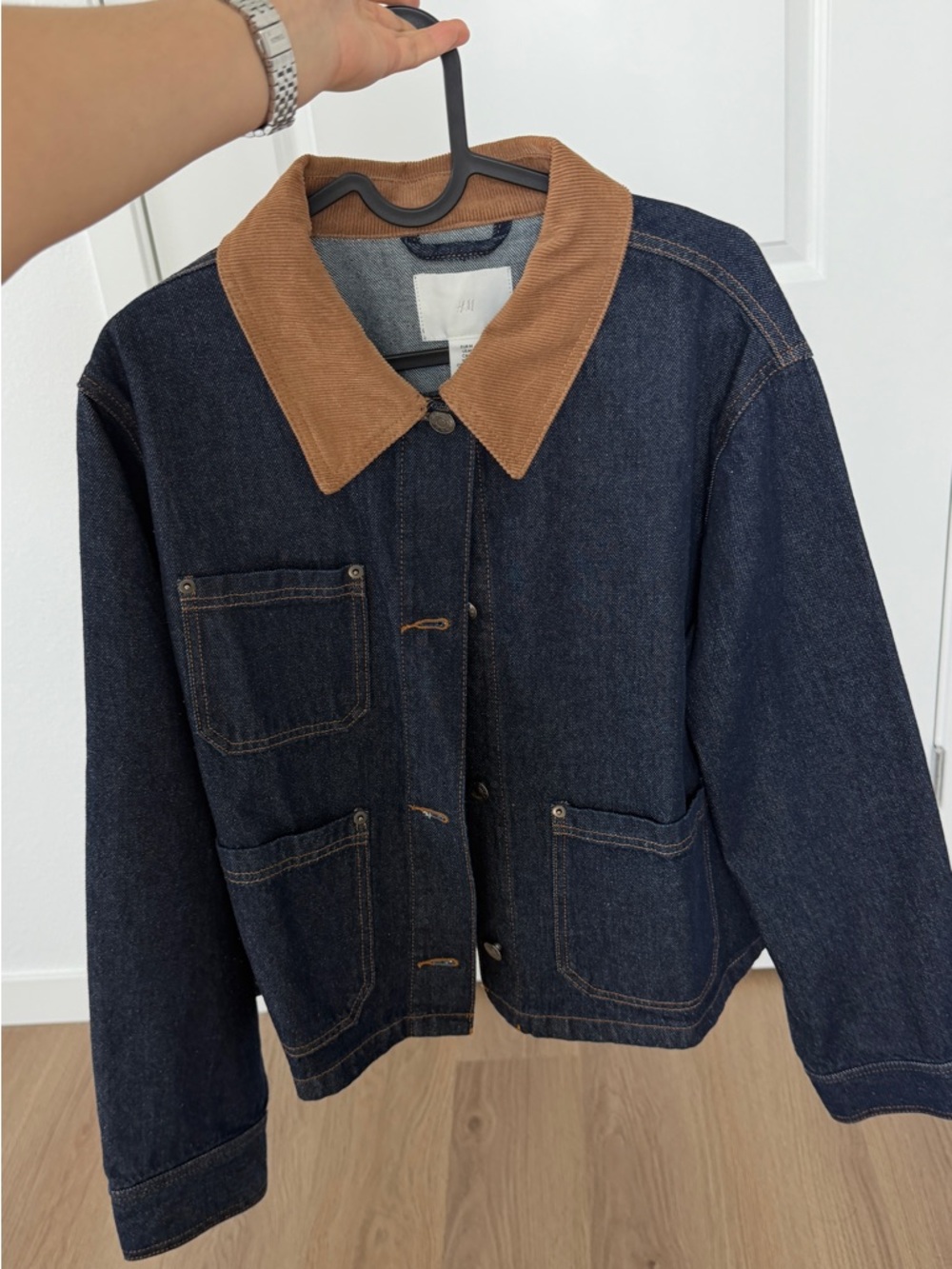 Dark Denim Jacket with Brown Corduroy Collar - Picture 3 of 5